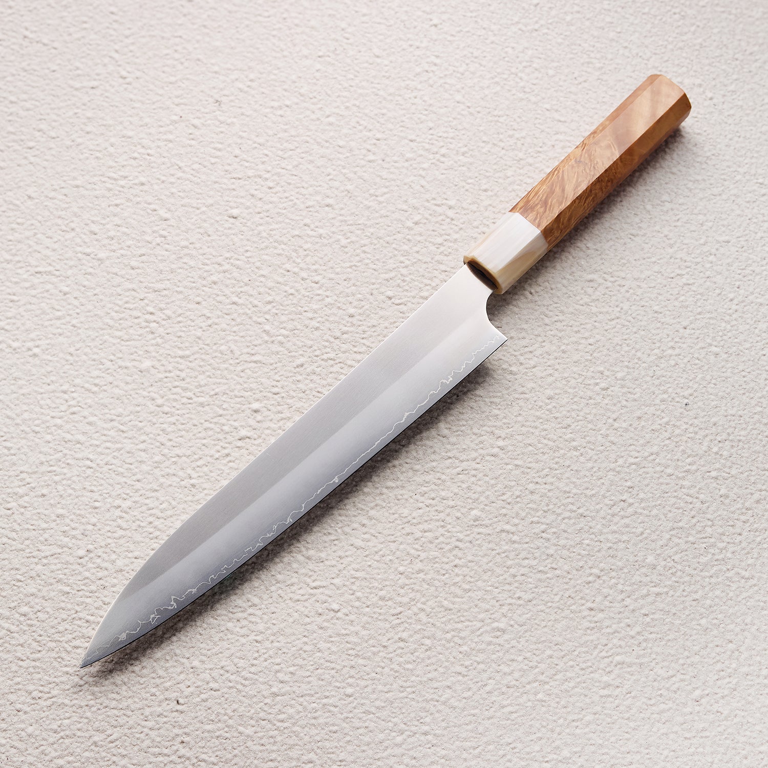 Satin ZDP-189 Sujihiki Knife with Maple Burl & Buffalo Horn Handle 枫木瘤牛角ZDP砂光厨房刀(筋引)