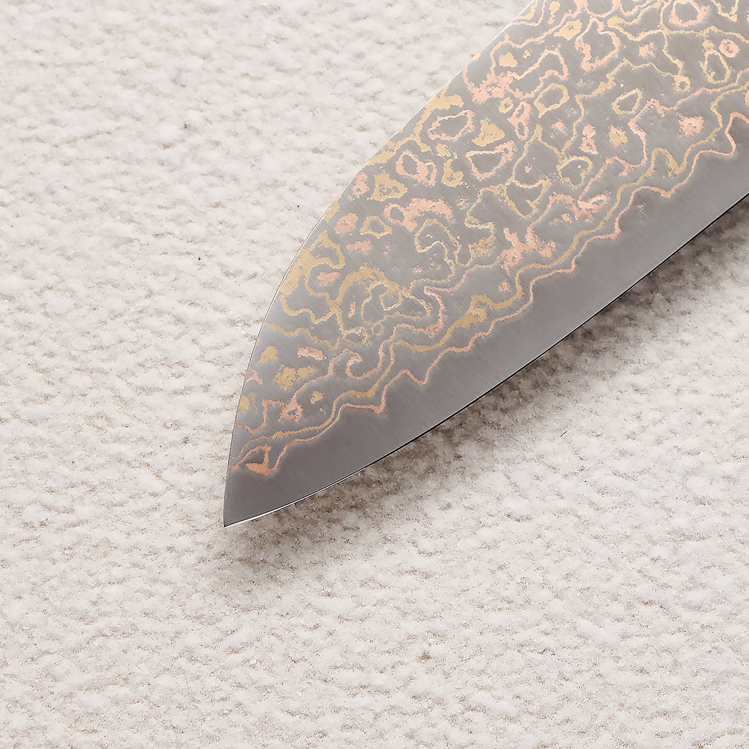 Copper Damascus Santoku Knife with Blue Colored Wood Handle 蓝彩木三德铜大马士革厨房刀