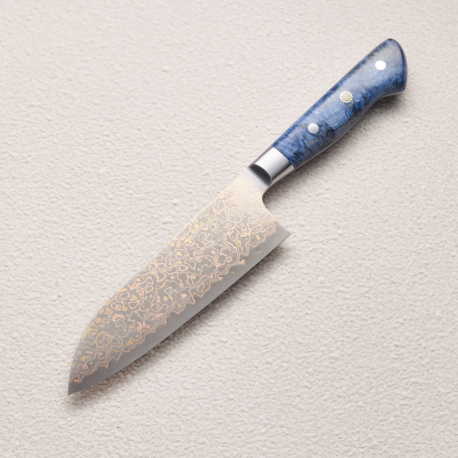Copper Damascus Santoku Knife with Blue Colored Wood Handle 蓝彩木三德铜大马士革厨房刀