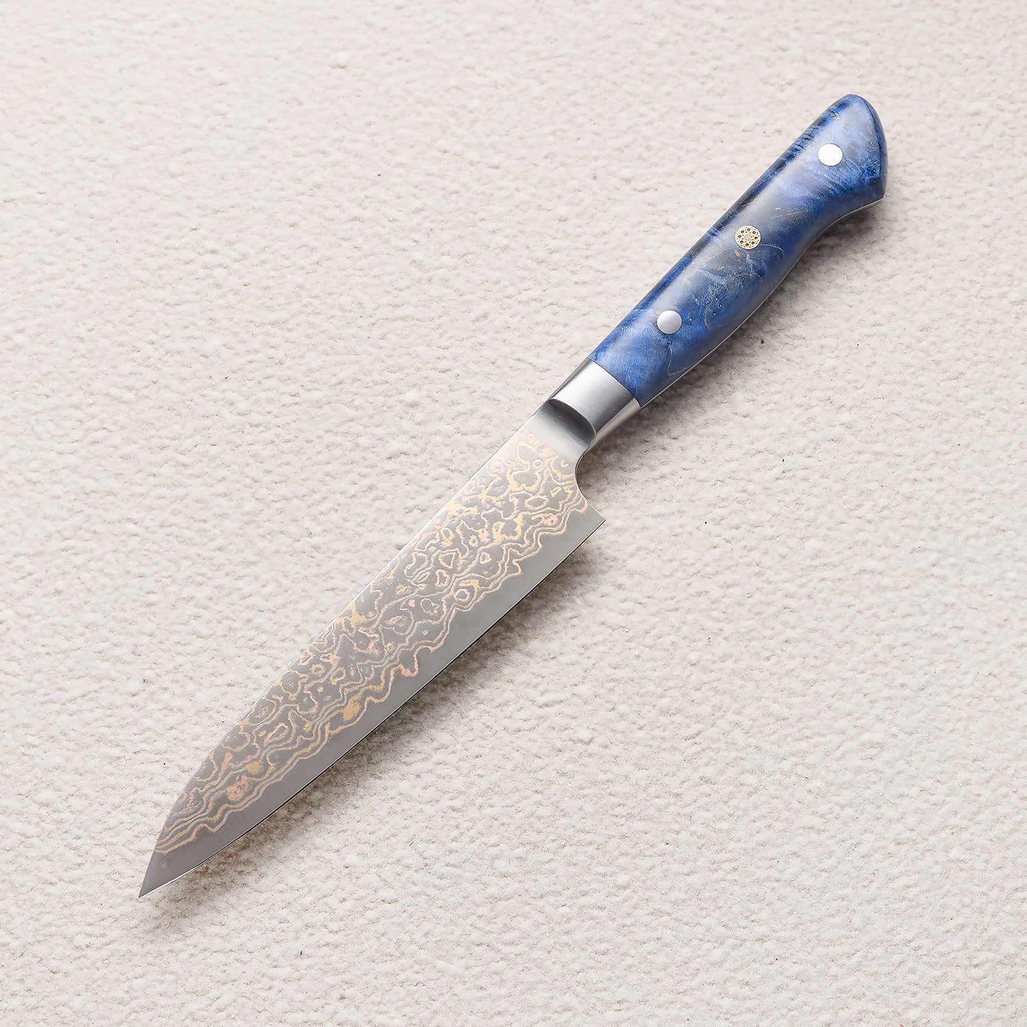 Copper Damascus Petty Knife with Blue Colored Wood Handle 蓝彩木petty铜大马士革厨房刀