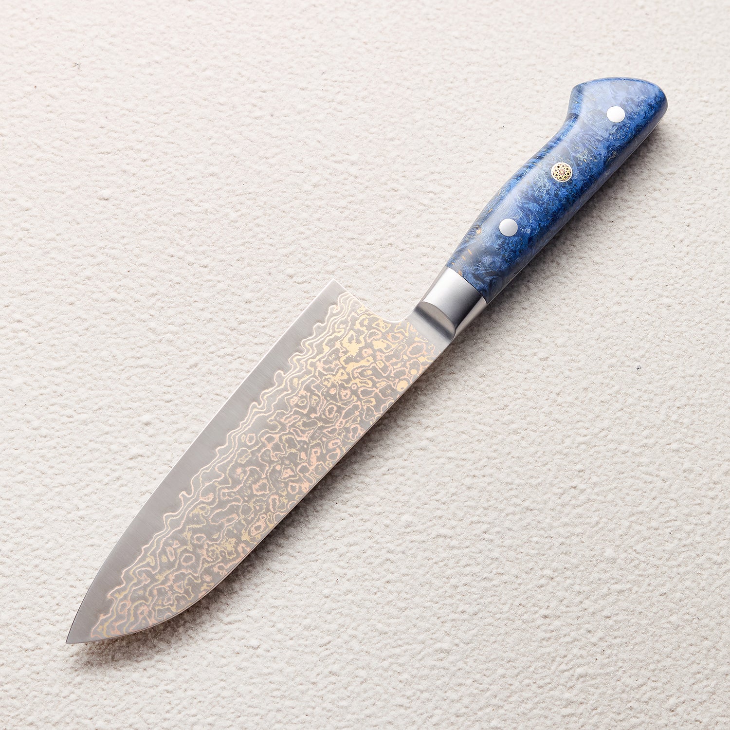 Copper Damascus Santoku Knife with Blue Colored Wood Handle 蓝彩木三德铜大马士革厨房刀