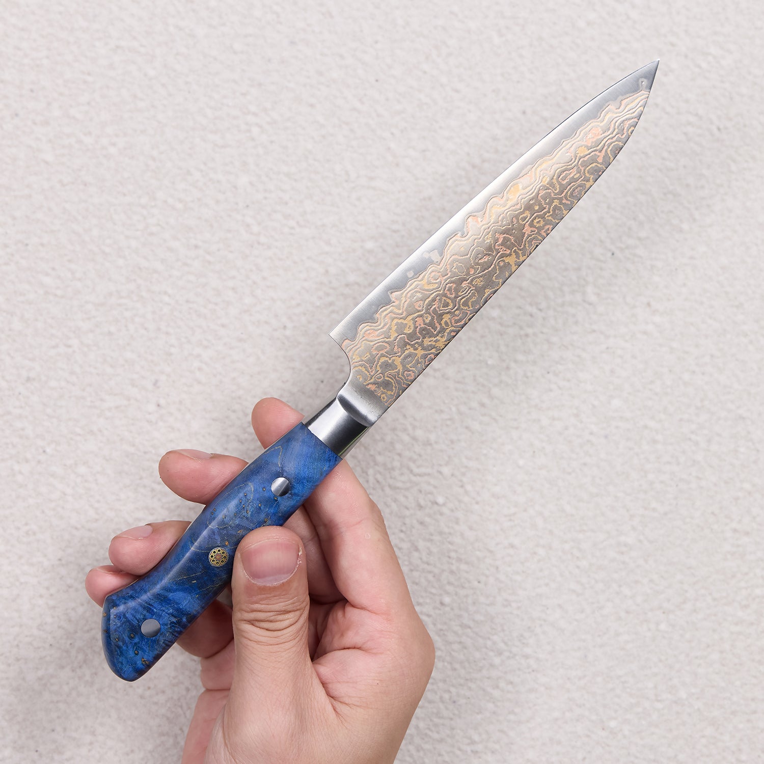Copper Damascus Petty Knife with Blue Colored Wood Handle 蓝彩木petty铜大马士革厨房刀