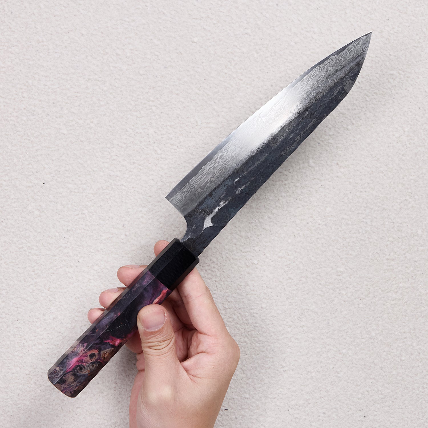 Forged Damascus Kitchen Knife with Colored Wood Handle 彩木锻打大马士革厨房刀