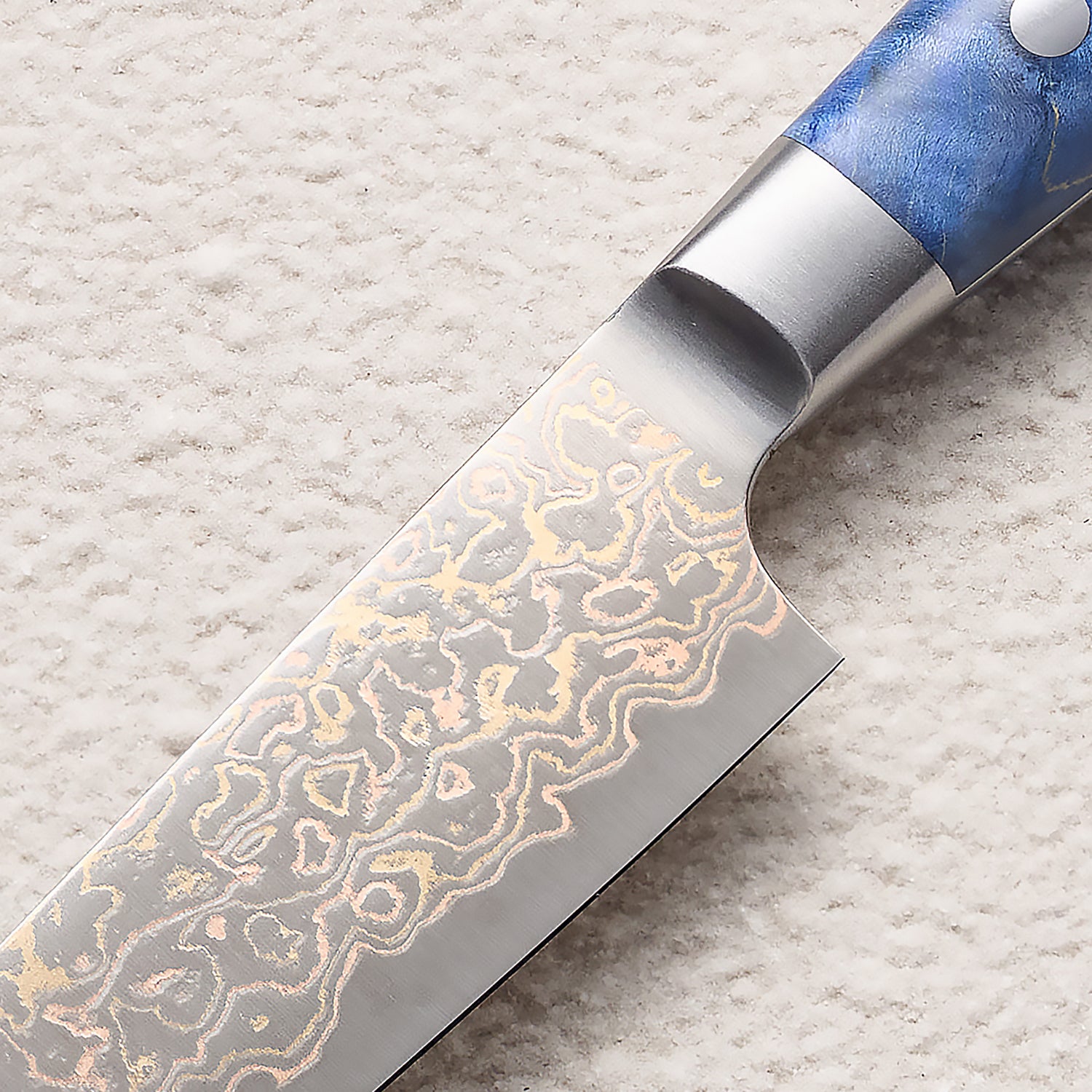 Copper Damascus Petty Knife with Blue Colored Wood Handle 蓝彩木petty铜大马士革厨房刀
