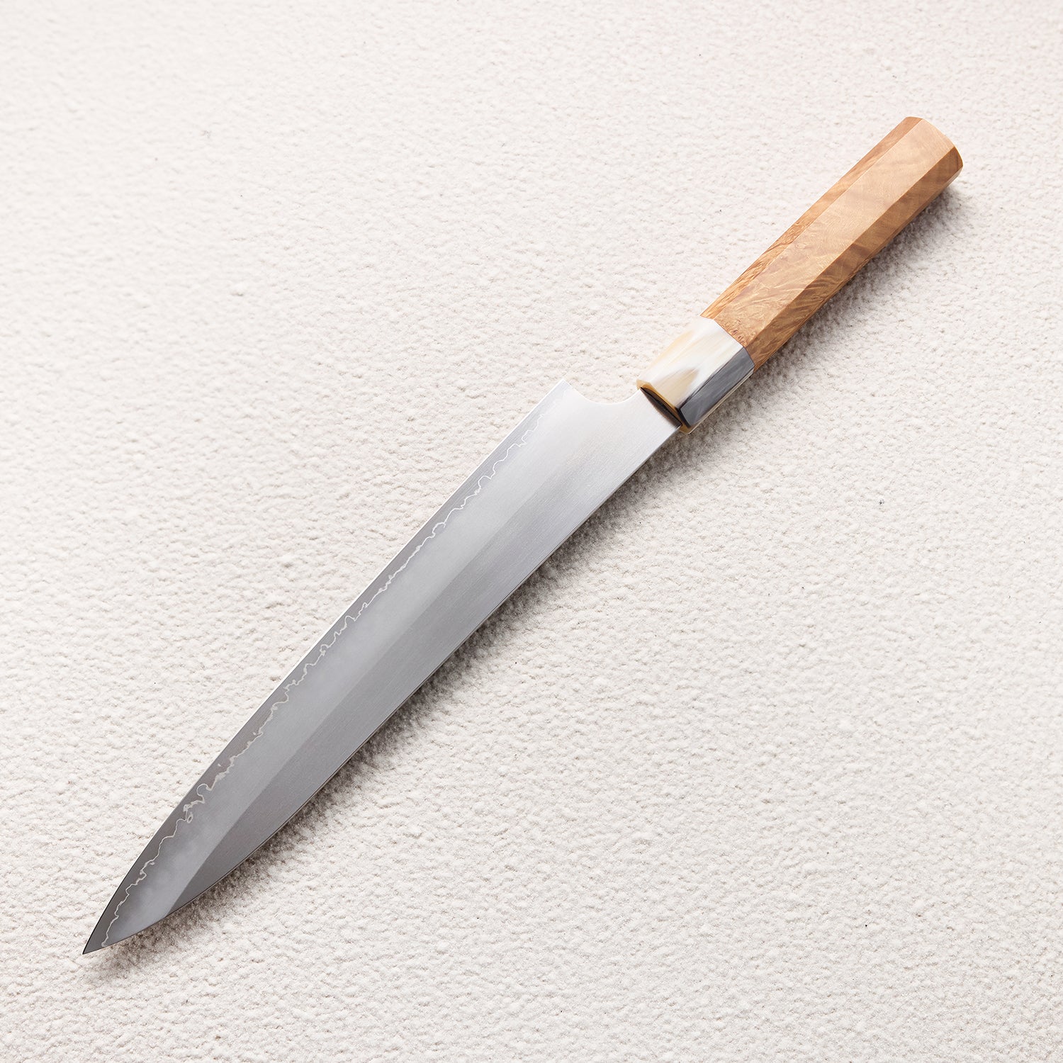 Satin ZDP-189 Sujihiki Knife with Maple Burl & Buffalo Horn Handle 枫木瘤牛角ZDP砂光厨房刀（筋引）