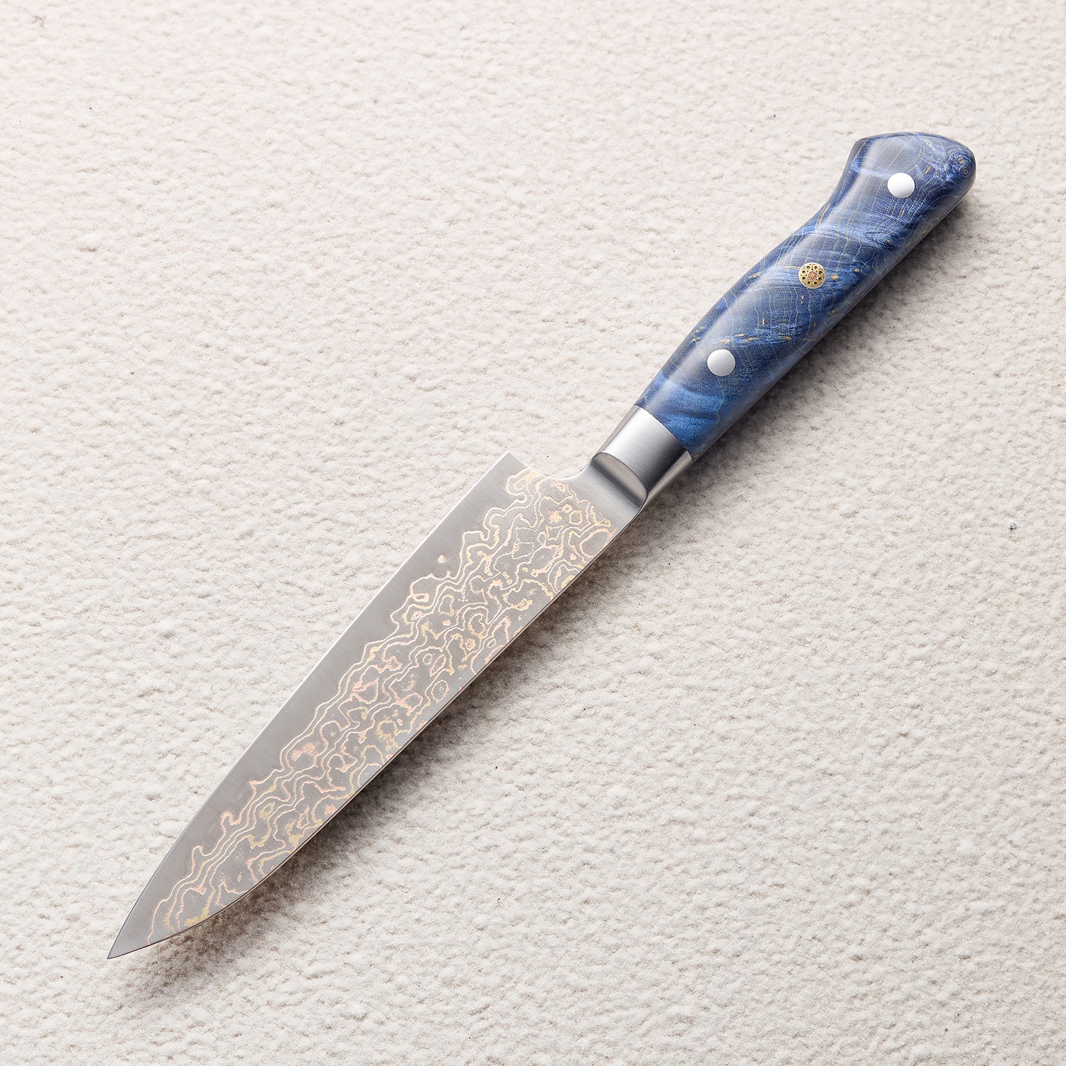 Copper Damascus Petty Knife with Blue Colored Wood Handle 蓝彩木petty铜大马士革厨房刀