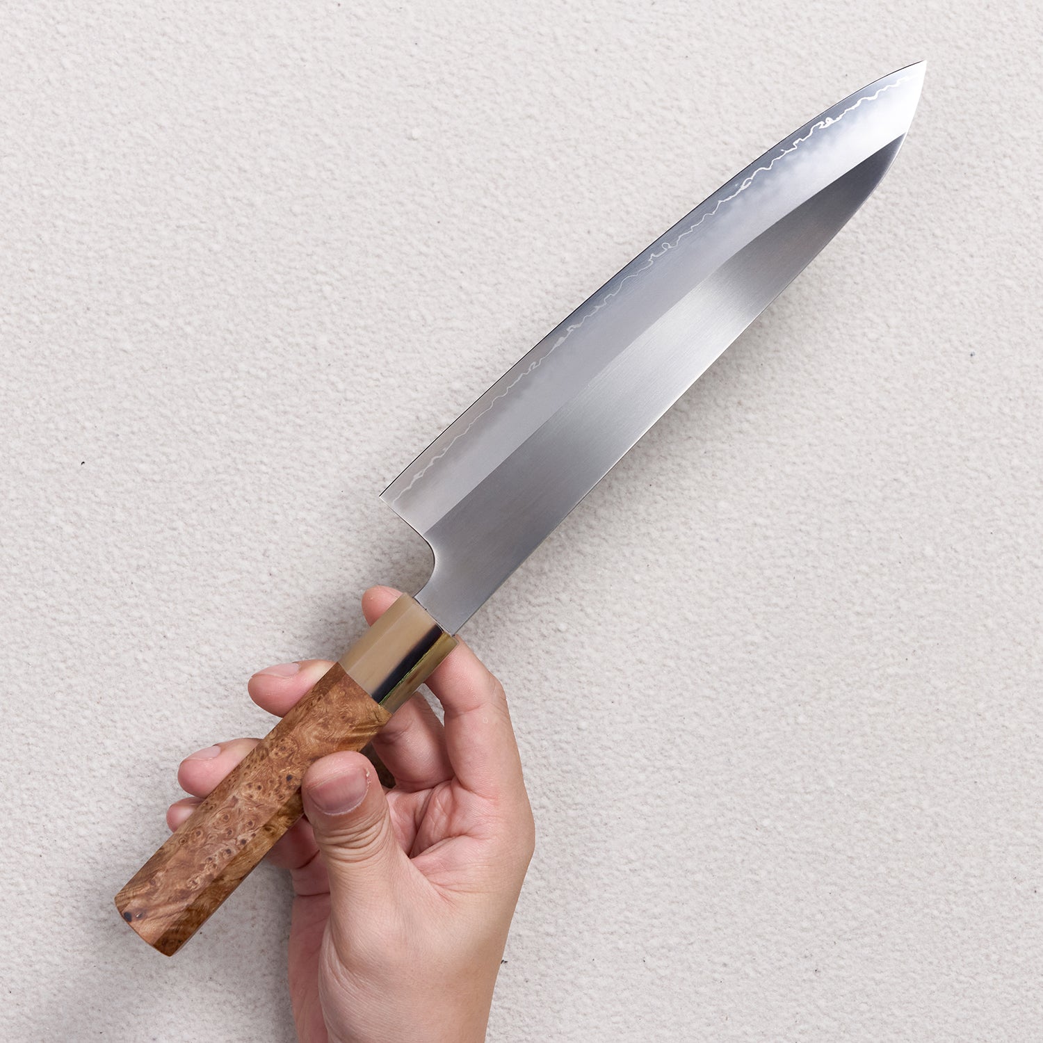 Satin ZDP-189 Gyuto Knife with Maple Burl & Buffalo Horn Handle 枫木瘤牛角zdp砂光厨房刀（牛刀）