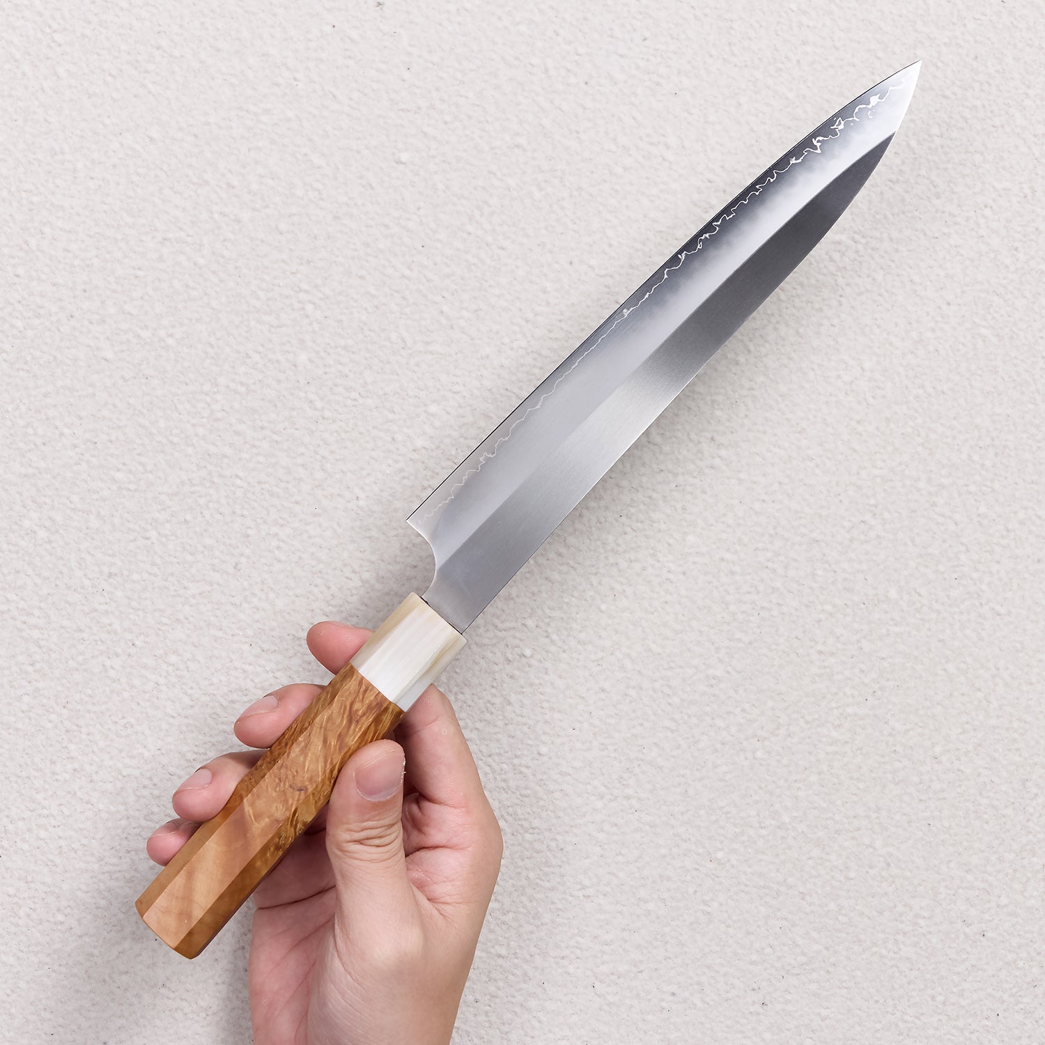 Satin ZDP-189 Sujihiki Knife with Maple Burl & Buffalo Horn Handle 枫木瘤牛角ZDP砂光厨房刀（筋引）