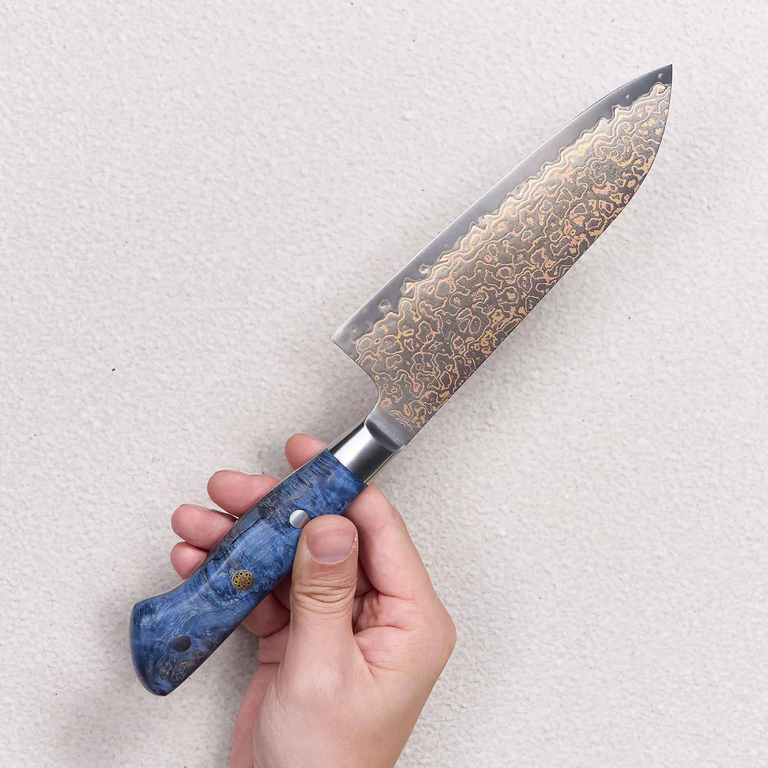 Copper Damascus Santoku Knife with Blue Colored Wood Handle 蓝彩木三德铜大马士革厨房刀