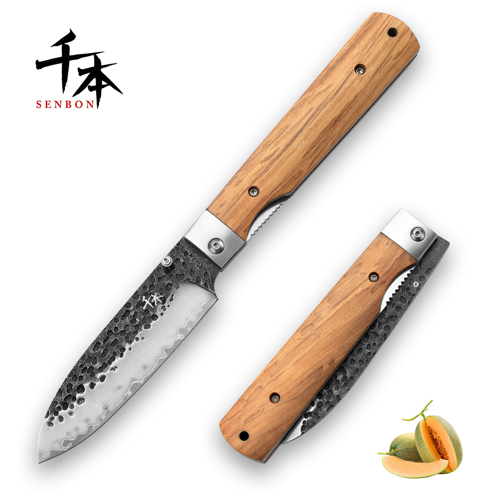 SENBON YJ-02 Folding Chef Knife Outdoor Portable knife 440 Forged  Steel+olive wood handle