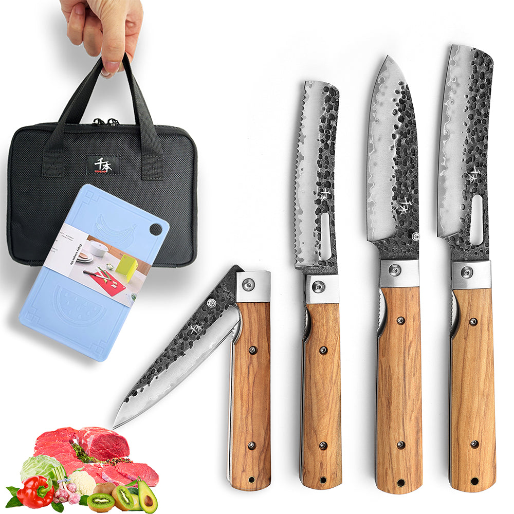 SENBON YJ-02 Folding Chef Knife Outdoor Portable knife 440 Forged  Steel+olive wood handle